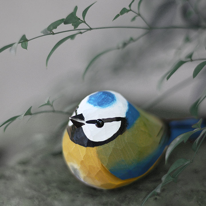 Exquisite Hand-Carved Blue Tit Figurine | Unique Wooden Bird Sculpture