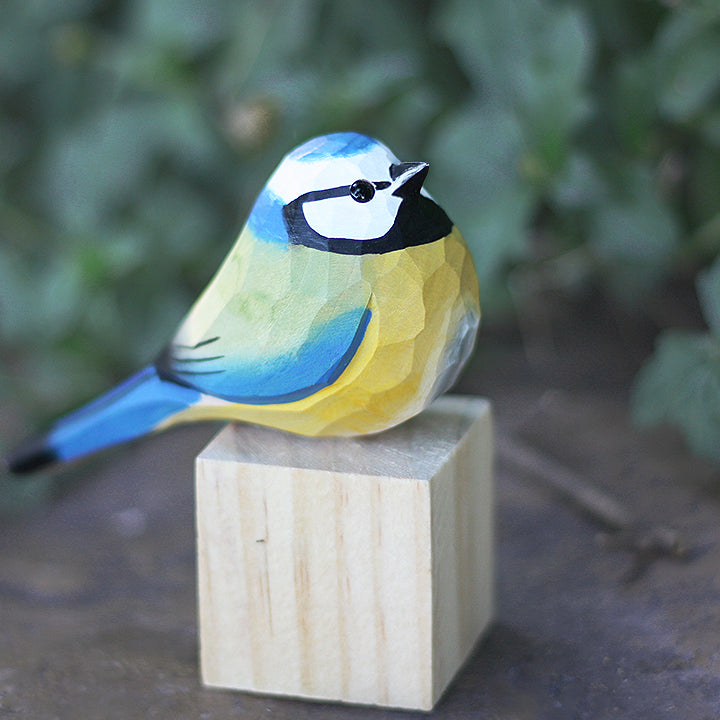 Exquisite Hand-Carved Blue Tit Figurine | Unique Wooden Bird Sculpture