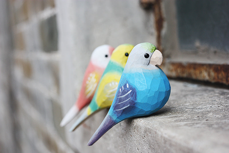 Parakeets Handcrafted Wood Figurine - Exquisite Home Decor