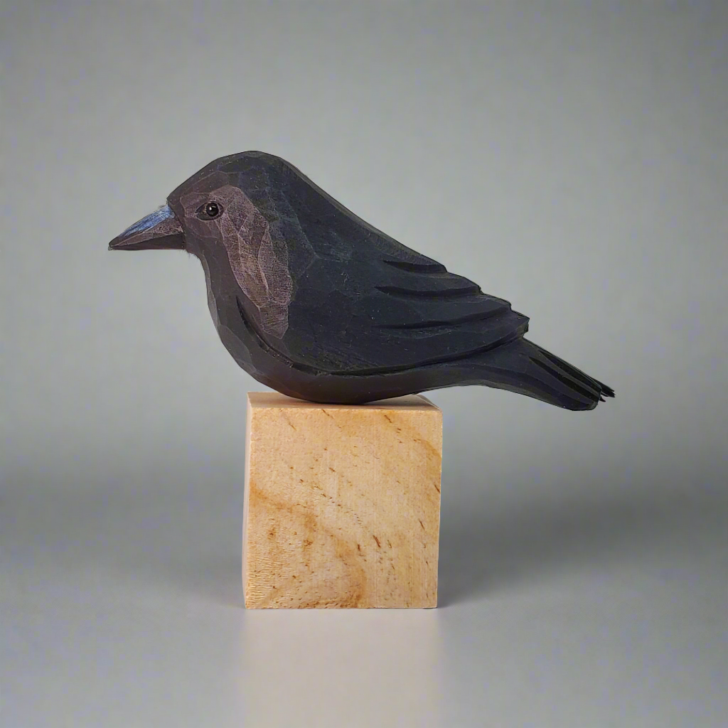 Hand-Carved Wooden Crow Figurine