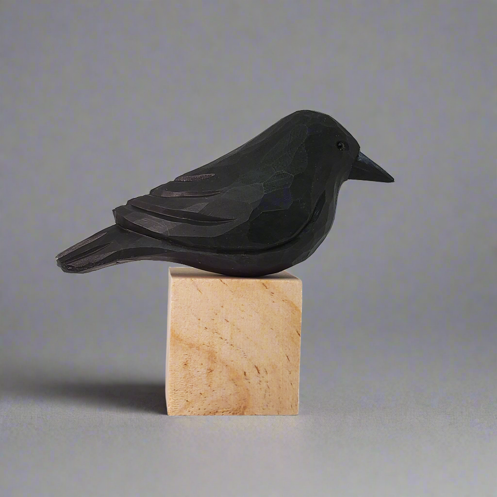 Hand-Carved Wooden Crow Figurine