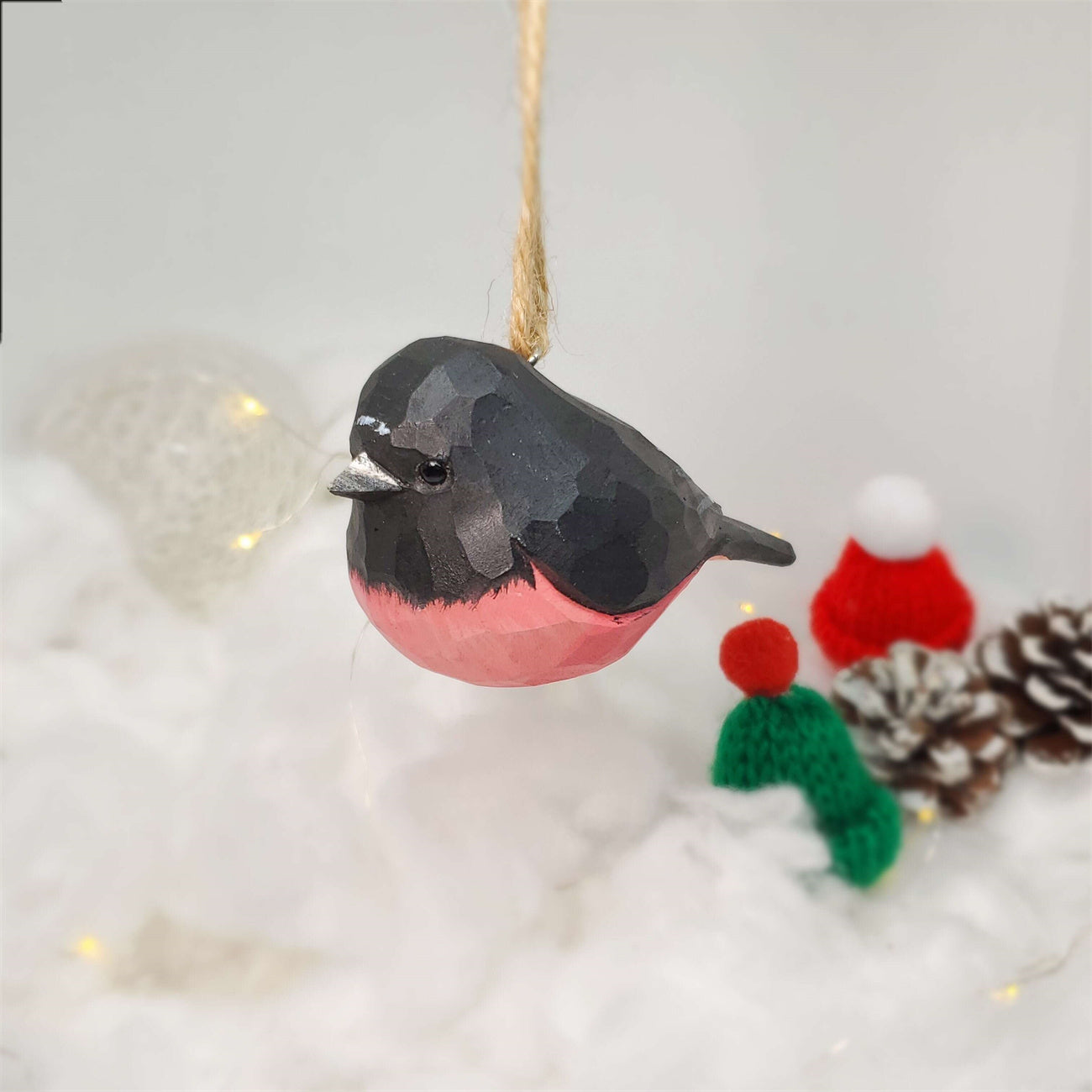 Pink Robin Carved and Painted Wooden Bird Ornaments - Whimsical Holiday Decor