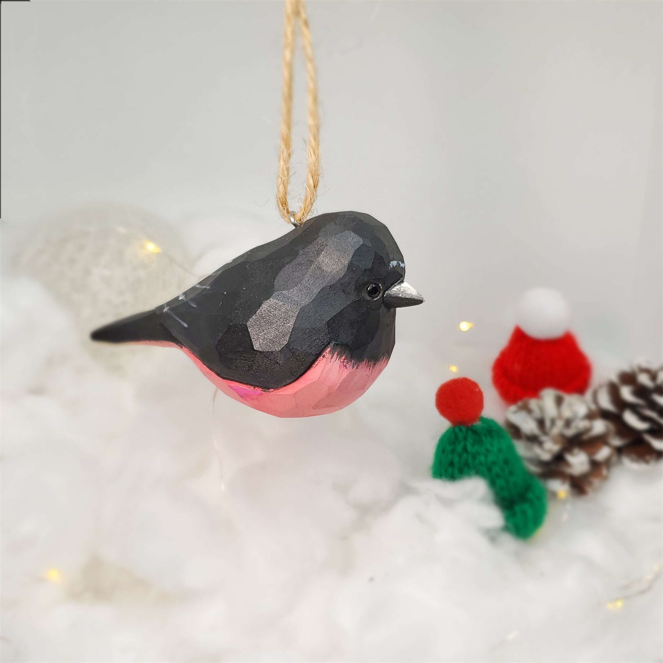 Pink Robin Carved and Painted Wooden Bird Ornaments - Whimsical Holiday Decor