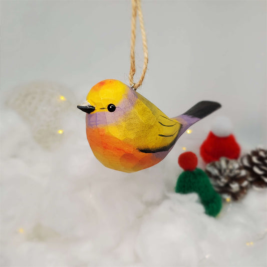 Hand-Carved White-Browed Tit-Warbler Wooden Bird Ornament - Unique Holiday Decor