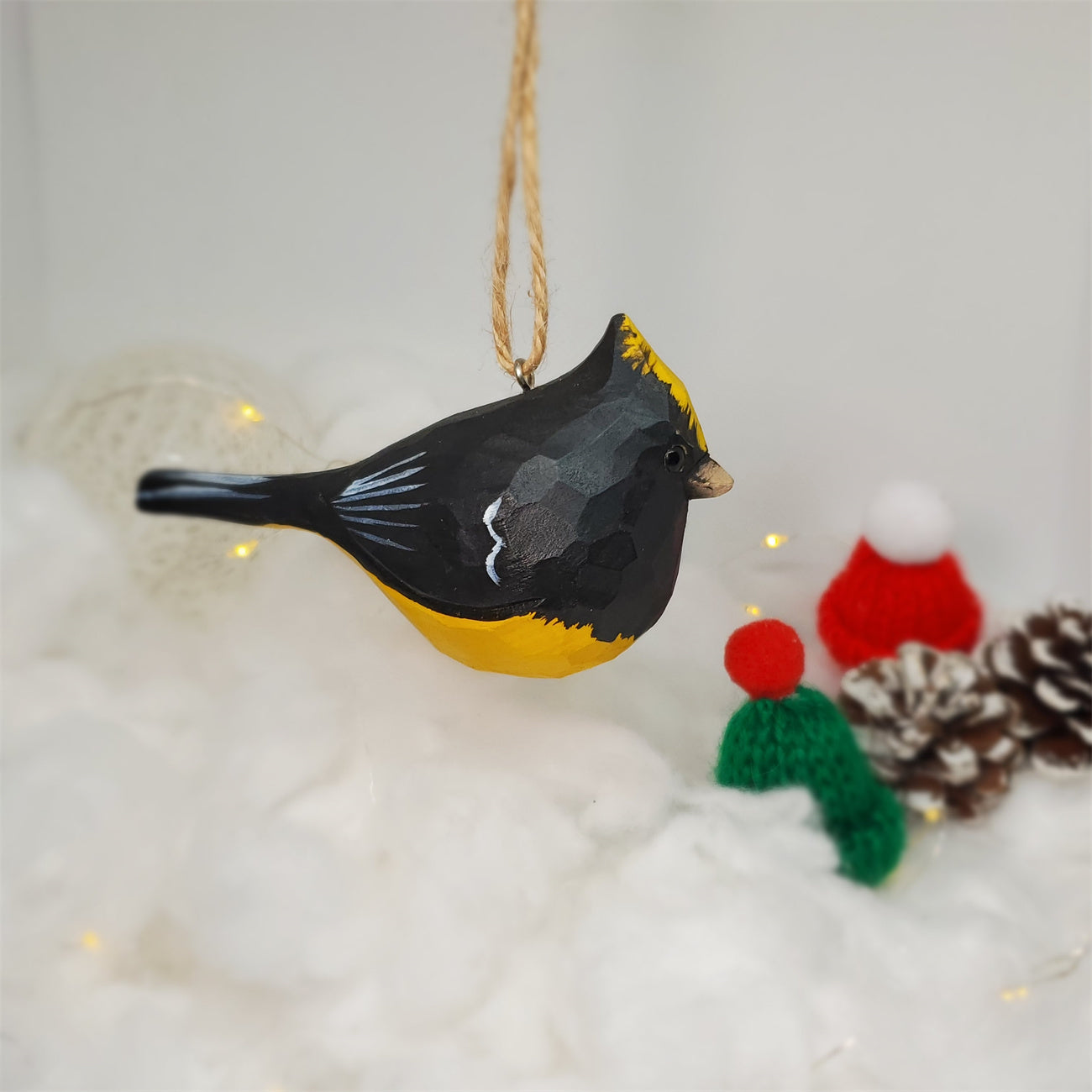 Sultan Tit Hand-Carved Wooden Bird Ornament - Unique Home Decor