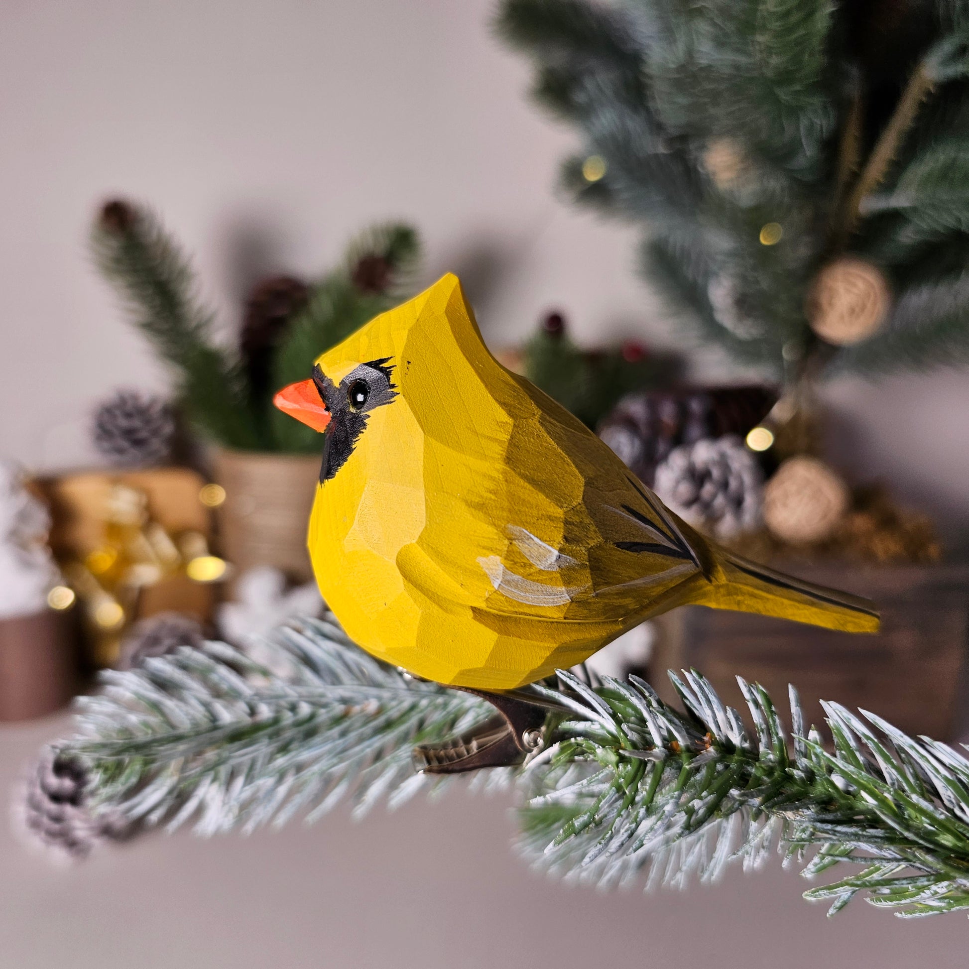 Cardinal Yellow Clip-on Bird Ornament - Front View