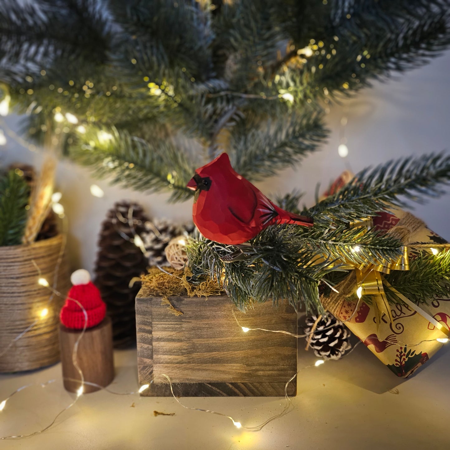 Cardinal Male Clip-on Bird Ornament - Displayed on Tree