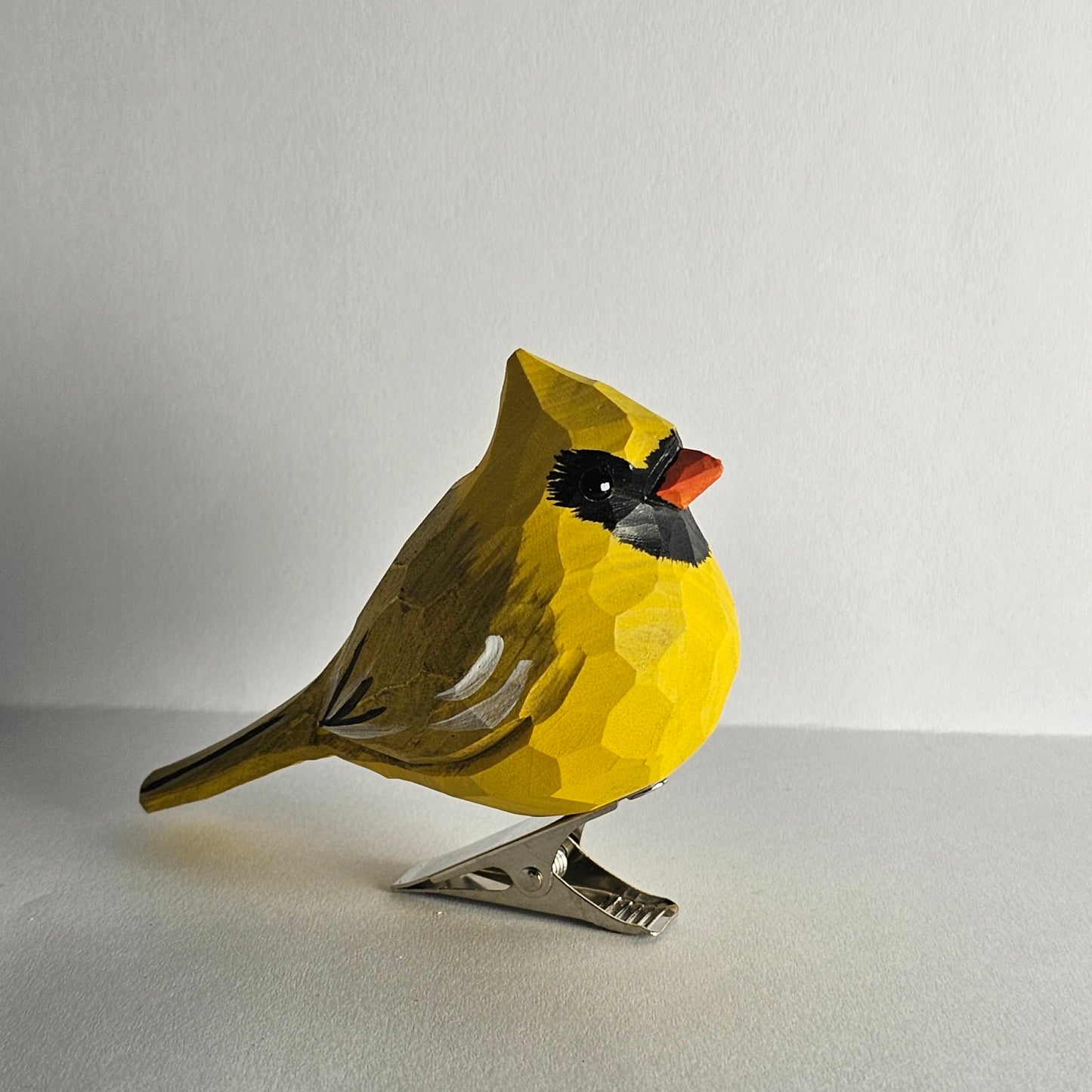 Cardinal Yellow Clip-on Bird Ornament - Close-up