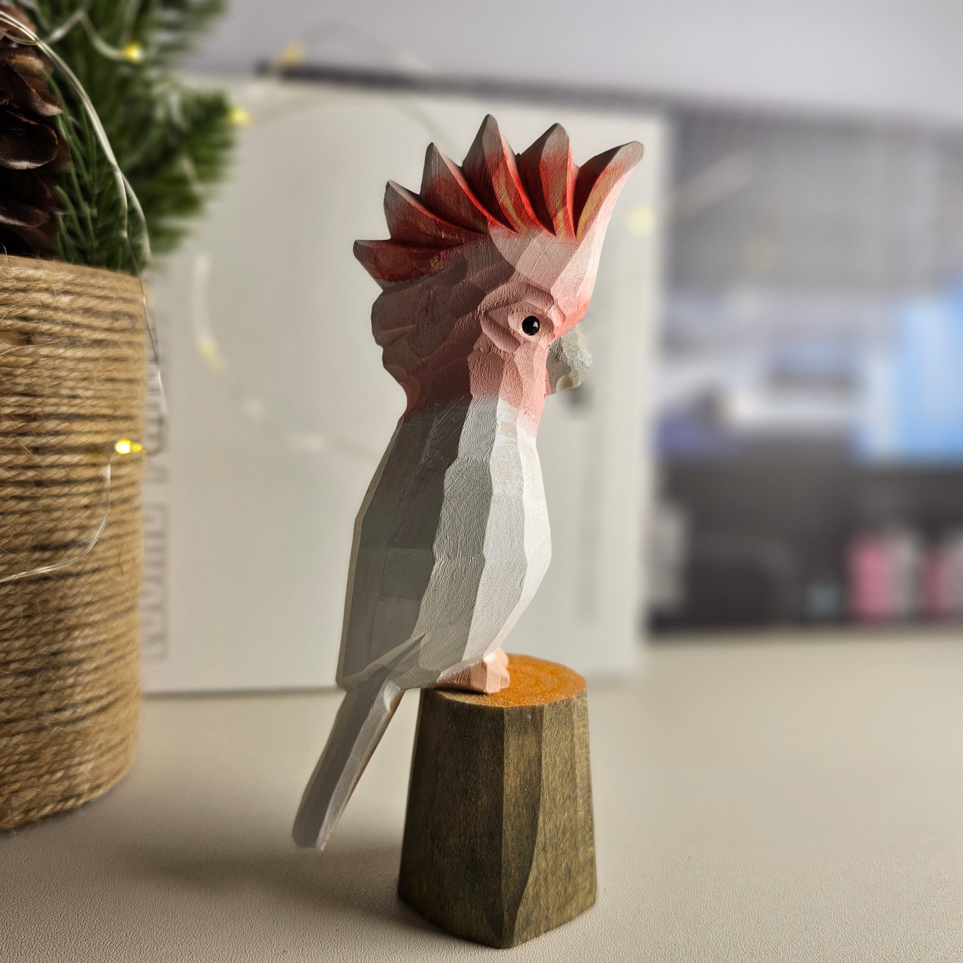 Hand-Carved Pink Cockatoo Wooden Figurine