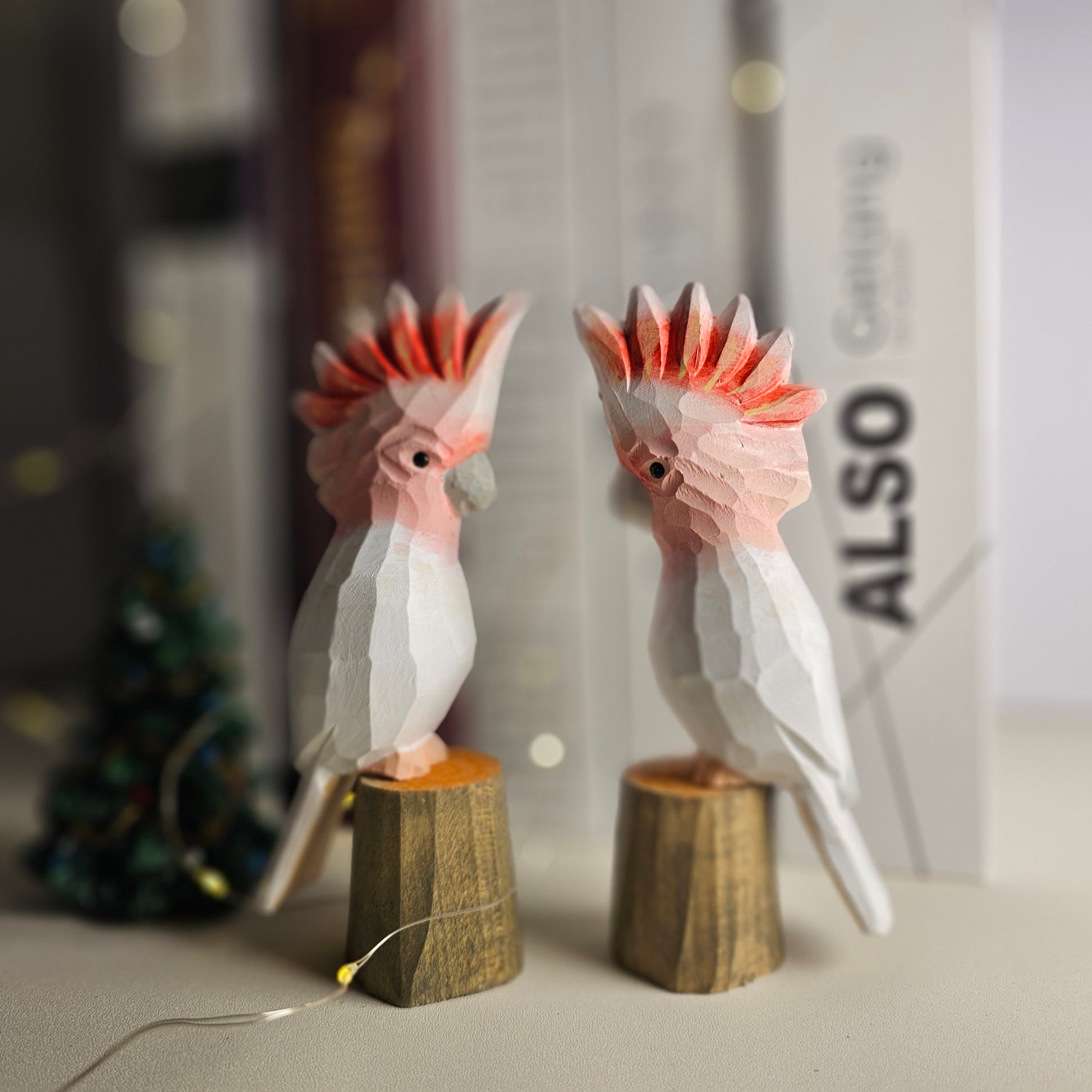 Hand-Carved Pink Cockatoo Wooden Figurine