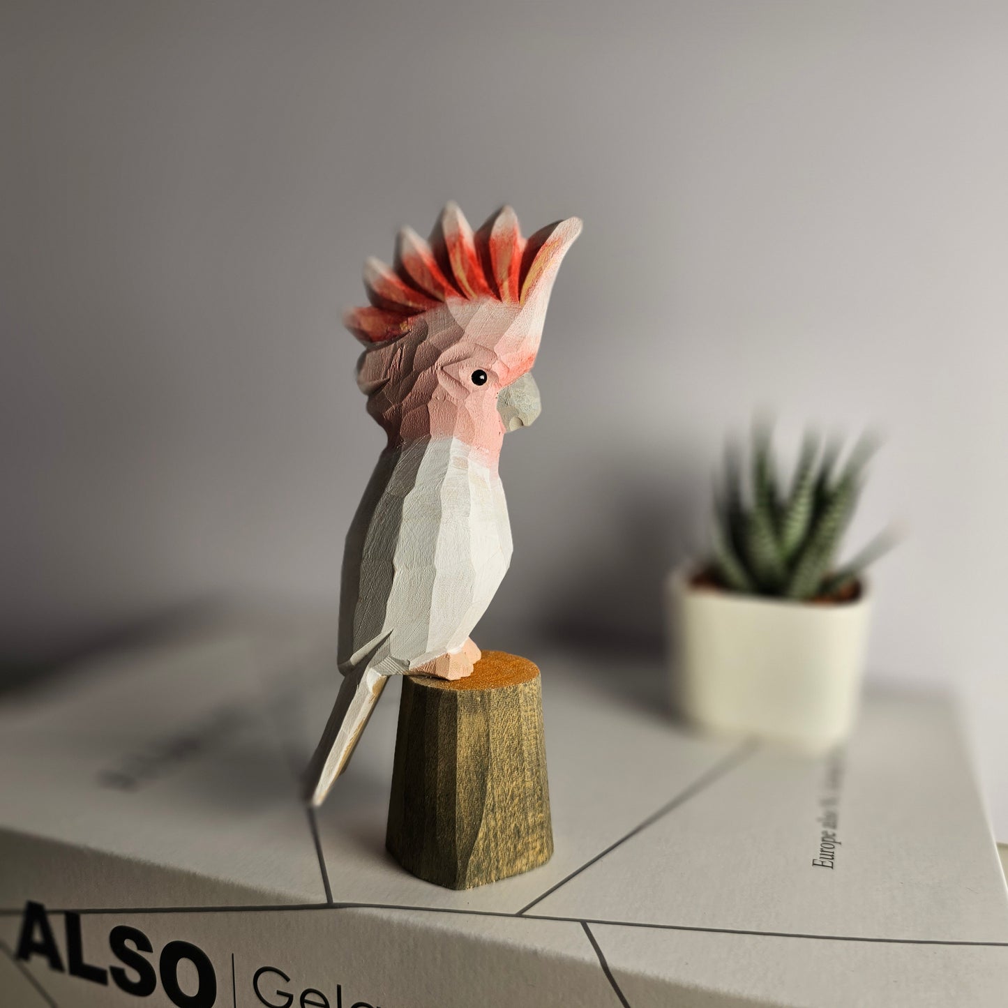 Hand-Carved Pink Cockatoo Wooden Figurine