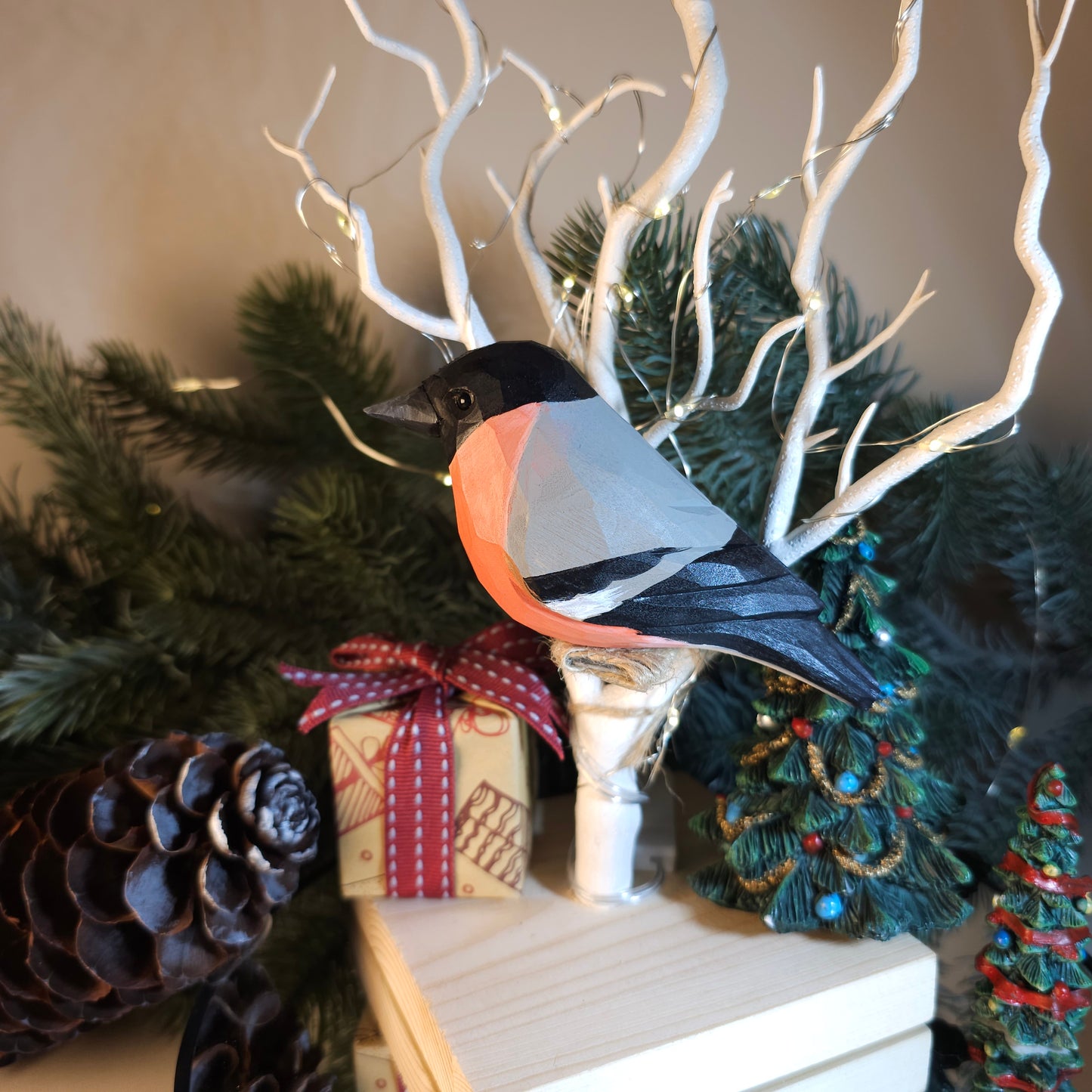 Handcrafted Wooden Bullfinch Figurine - A Masterpiece of Nature in Miniature