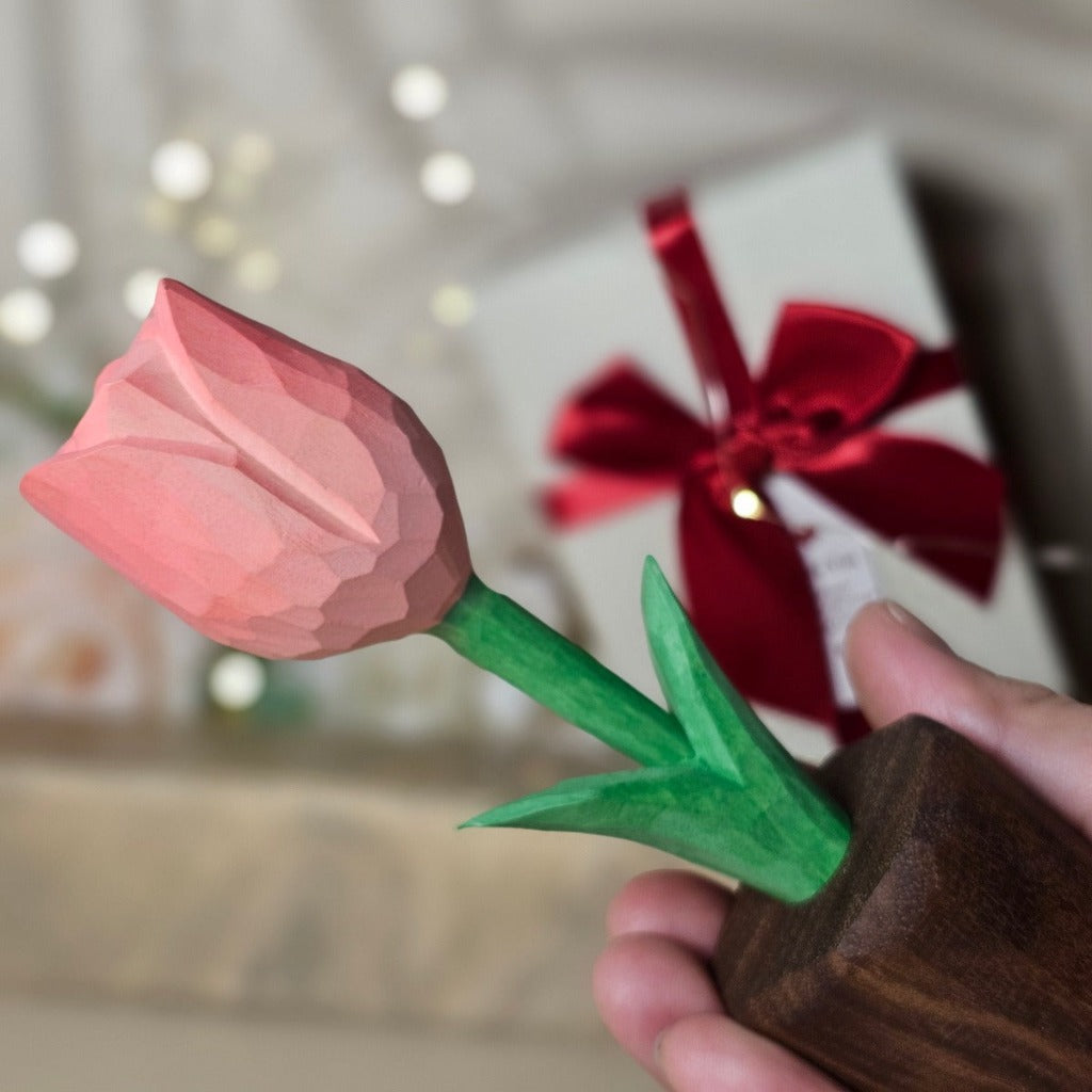 Hand-Painted Tulip Wooden Sculptures in Gift Box