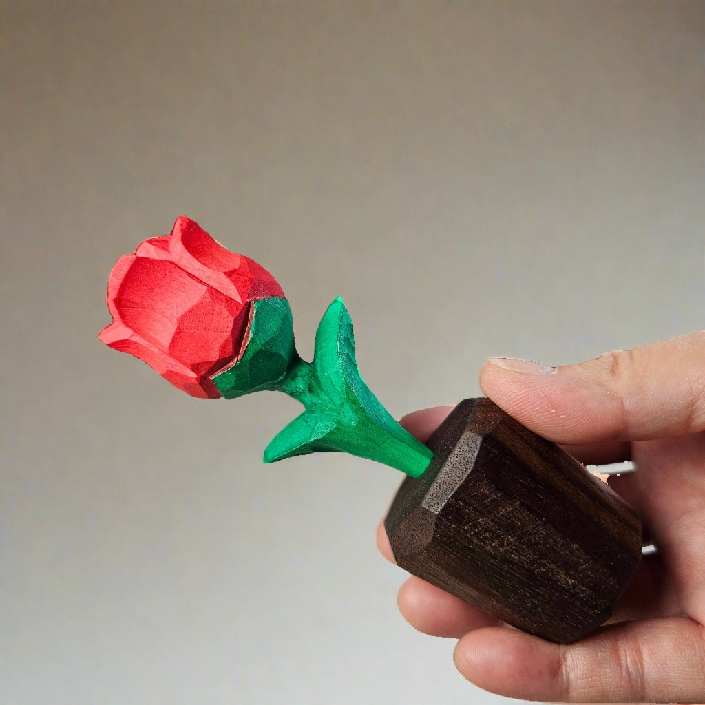 Hand-Painted Rose Wooden Sculpture in Elegant Gift Box