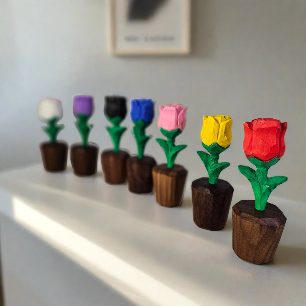 Hand-Painted Rose Wooden Sculpture in Elegant Gift Box