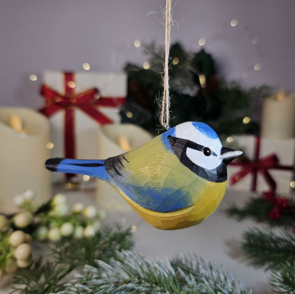 Eurasian Blue Tit Wooden Christmas Tree Ornament