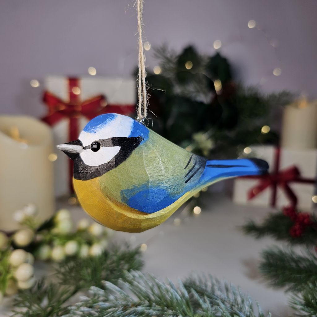 Eurasian Blue Tit Wooden Christmas Tree Ornament