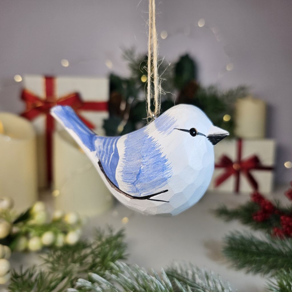 Azure Tit Wooden Hanging Christmas Tree Ornament