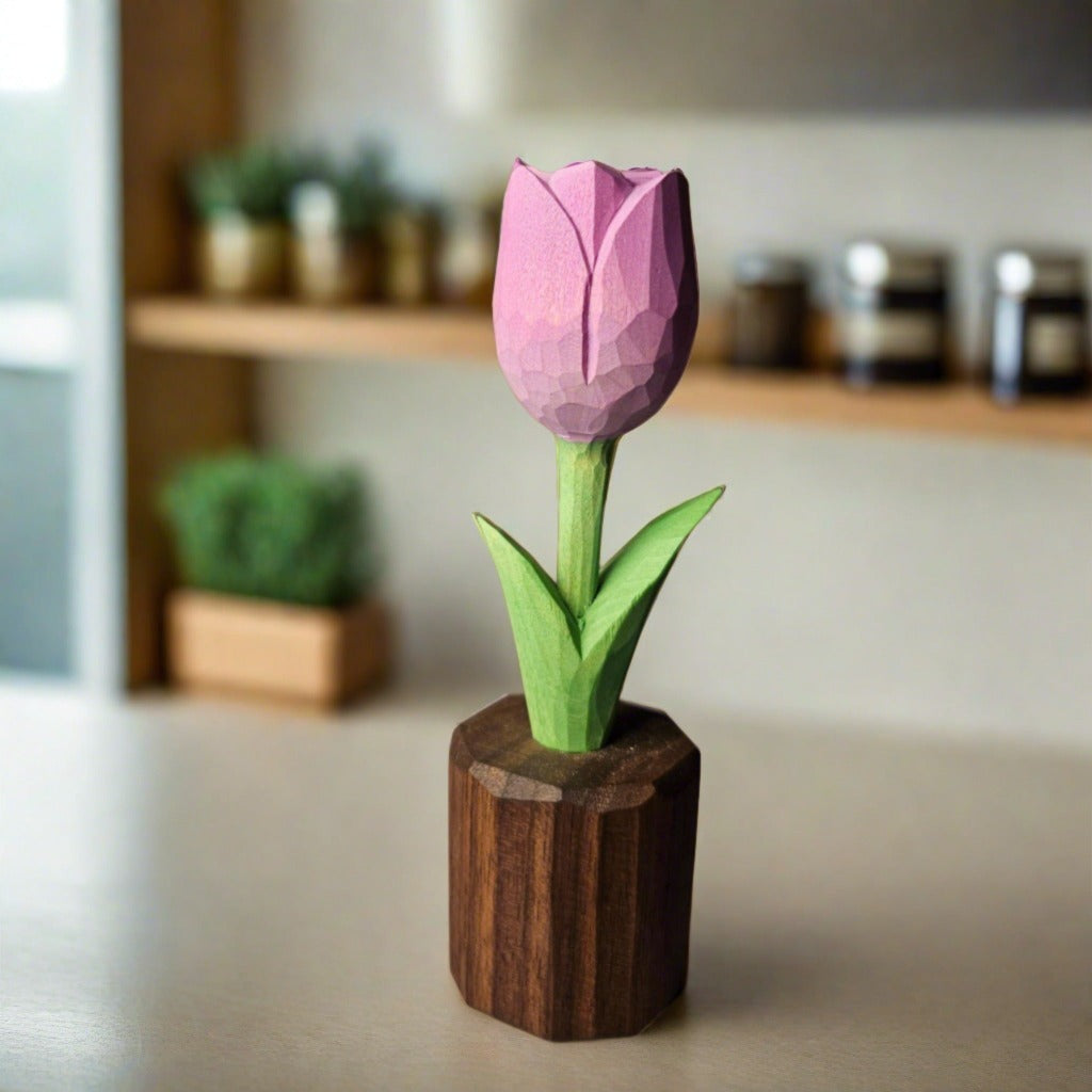 Hand-Painted Tulip Wooden Sculptures in Gift Box