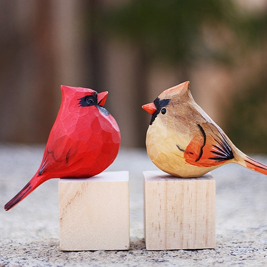 Northern Cardinal Couple Bird Figurine Hand Carved Painted Wooden (Female + Male) - paintedbird.shop