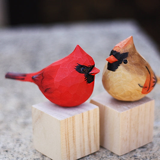 Northern Cardinal Couple Bird Figurine Hand Carved Painted Wooden (Female + Male) - paintedbird.shop