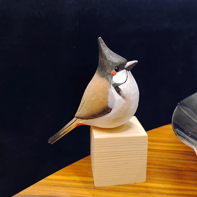 Red-Whiskered Bulbul Hand-Painted Wooden Figurine - Exquisite Home Decor