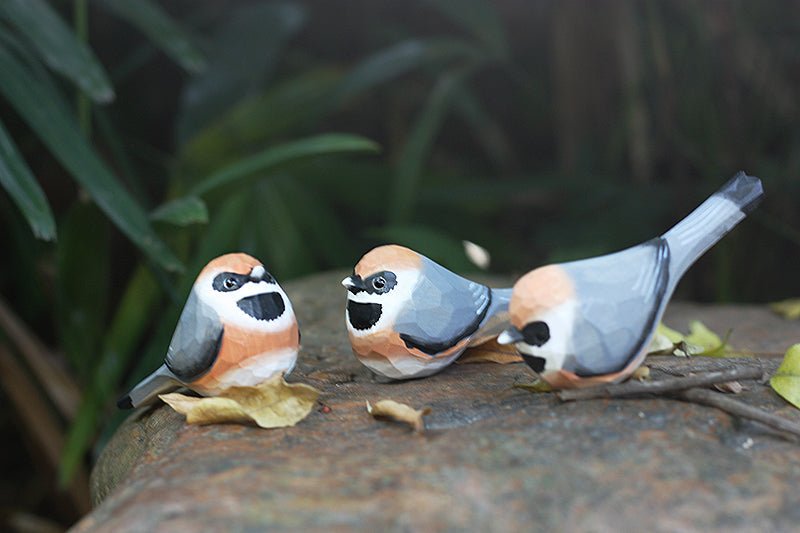 Black-Throated-Bushtit Bird Wooden Figurine Hand Carved Painted - PAINTED BIRD SHOP