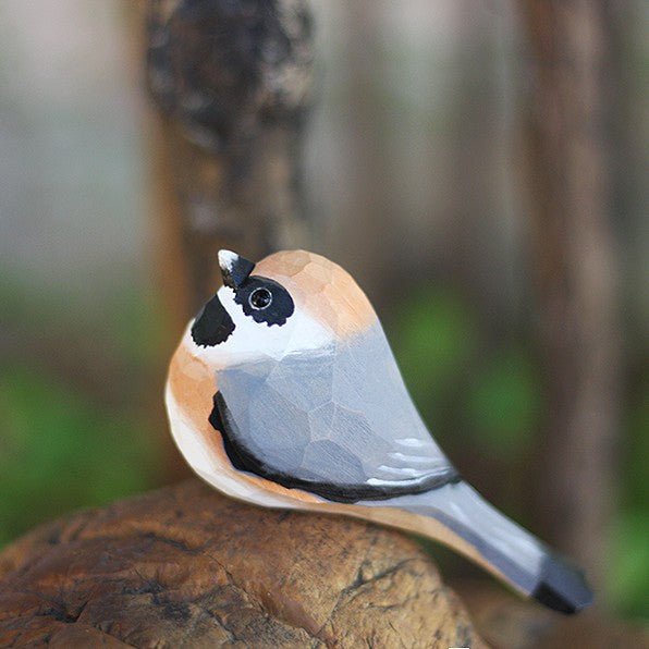 Black-Throated-Bushtit Bird Wooden Figurine Hand Carved Painted - PAINTED BIRD SHOP