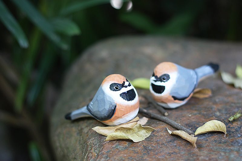 Black-Throated-Bushtit Bird Wooden Figurine Hand Carved Painted - PAINTED BIRD SHOP