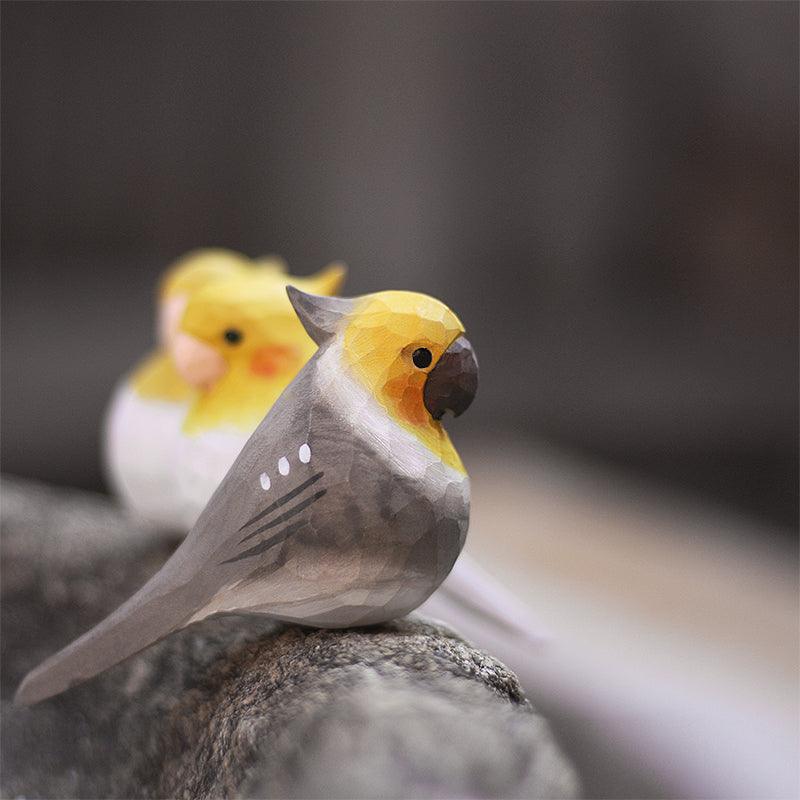 Cockatiel Couple Figurine Hand Carved Painted Wooden (White + Gray) - PAINTED BIRD SHOP