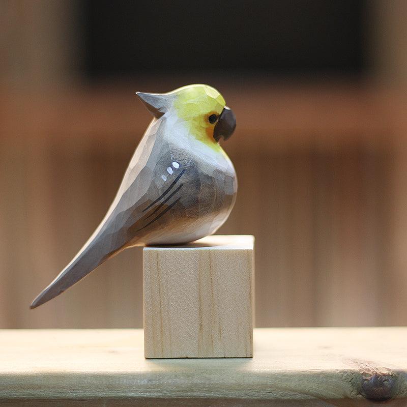 Cockatiel Couple Figurine Hand Carved Painted Wooden (White + Gray) - PAINTED BIRD SHOP